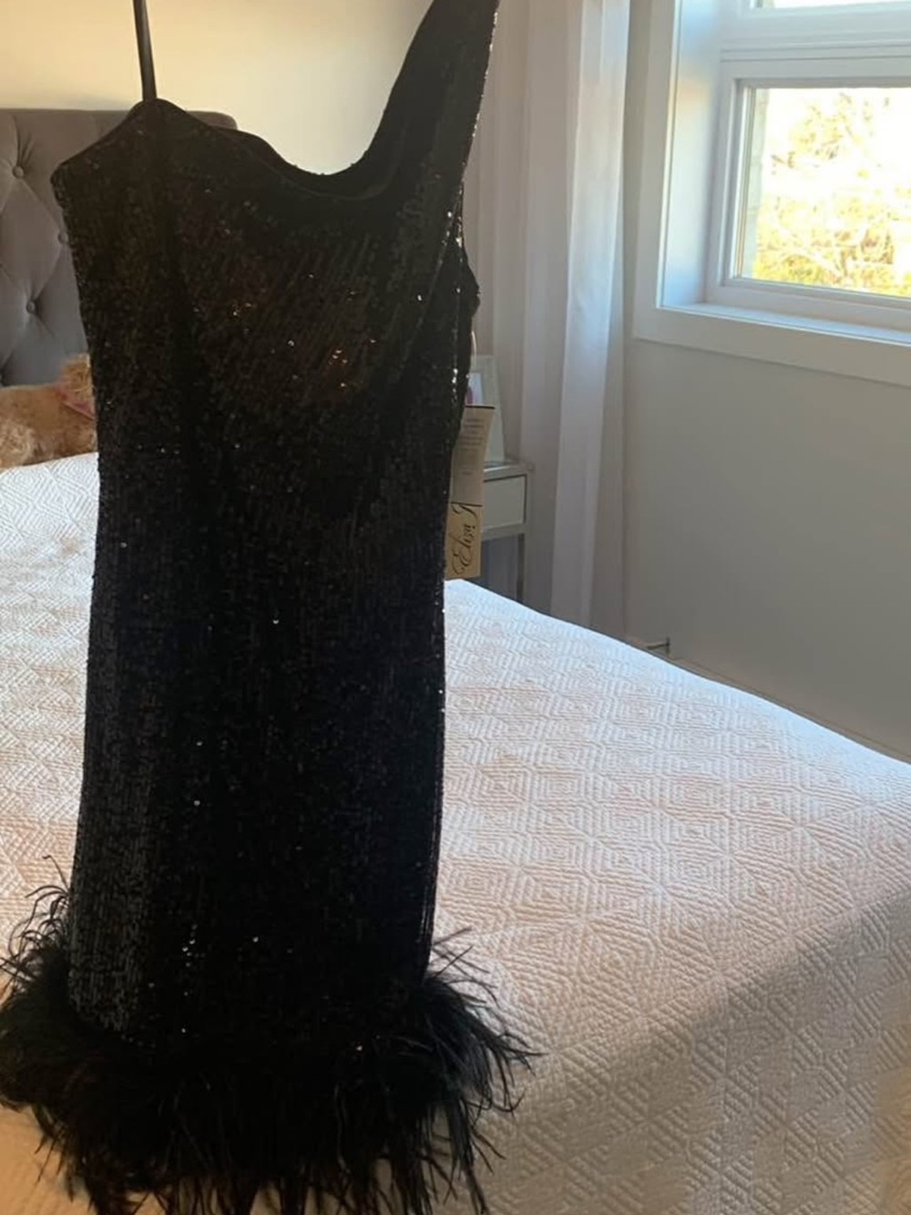Eliza J Black One-Shoulder Sequin Dress with Feather Hem